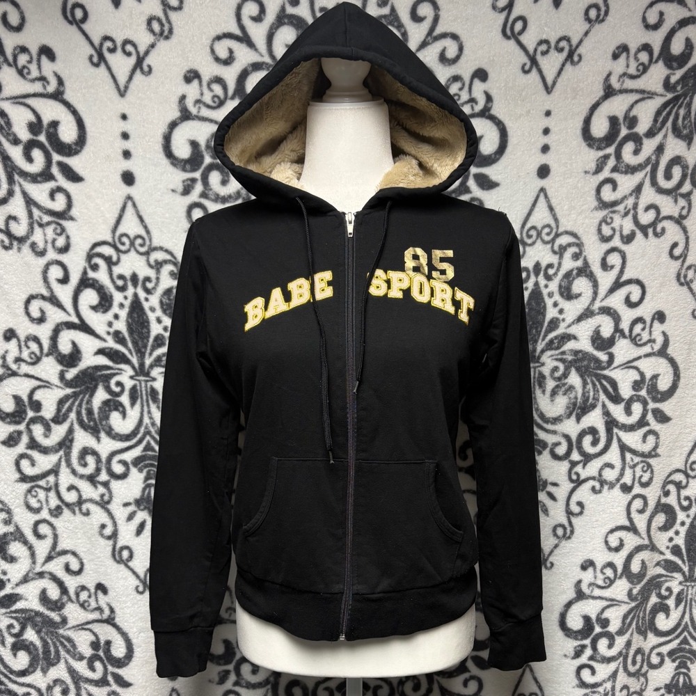 Vtg 00s/Y2K Miss Juliet Babe Sport 85 Faux Fur Lined Zip Up Hoodie Black Yellow